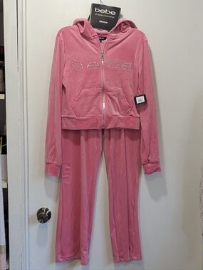 Bebe pink Velour Tracksuit 2 pieces set Jacket and Pants Junior size M NWT
